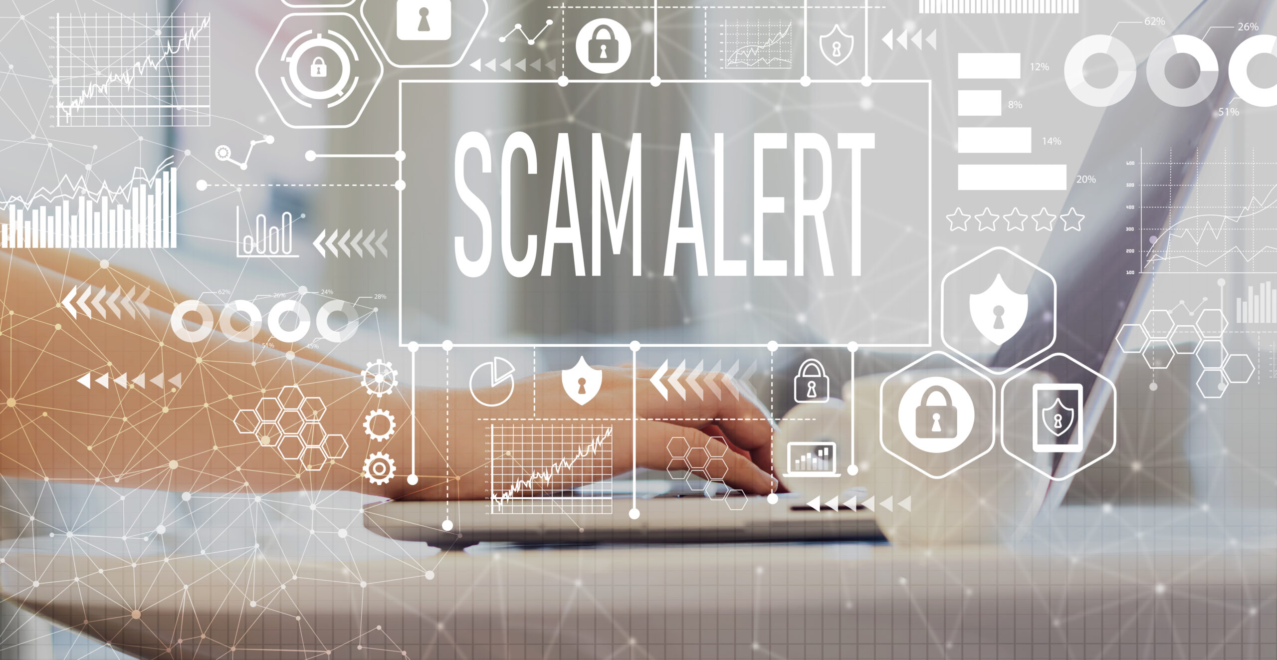 Scam alert with woman using a laptop